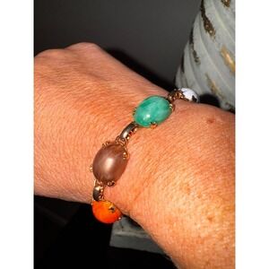 Multicolor Gemstone‎ Link Bracelet Gold Tone Statement Boho Chic